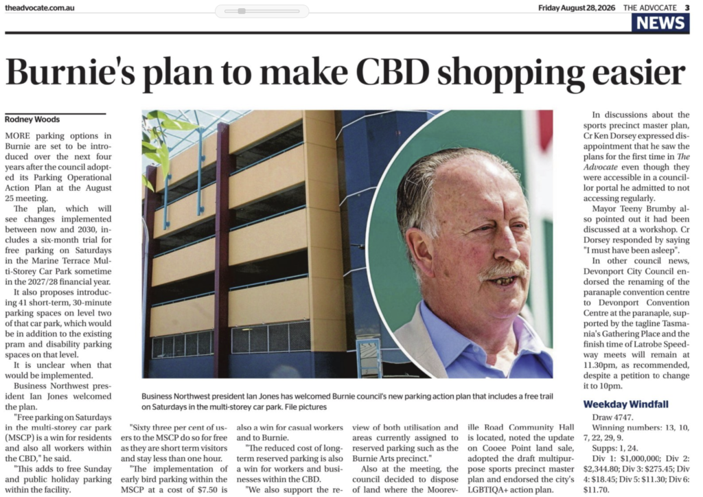 Burnie's plan to make CBD shopping easier article page in The Advocate